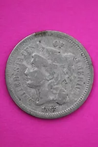 1867 Three 3 Cent Nickel Scarce Semi Key Date Type Coin Philadelphia Mint 176 - Picture 1 of 4
