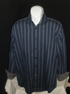 Thomas Dean  100% Cotton Blue/Black Striped Flip Cuff Shirt Size L  GORGEOUS - Picture 1 of 9