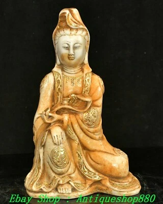 Estatua de Buda Ruyi Kwan-yin Guanyin Quan Yin tallada en dorado de jade blanco antiguo de 11" Foto 1 de 4