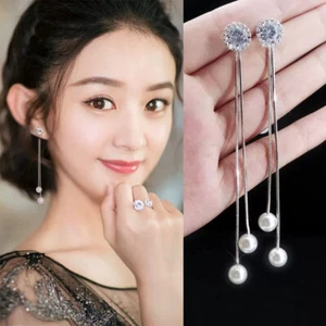 Sparkle & Grace  Crystal Stud Long Drop Earrings with Elegant Simulated Pearls - Picture 1 of 5