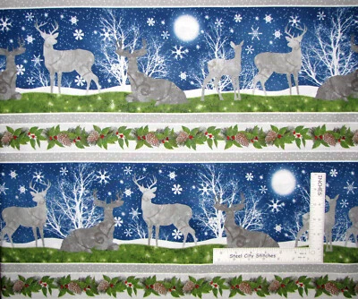 Tela de algodón a rayas de ciervo de invierno de Navidad Wilmington debajo de los pinos 1,3 yardas Foto 1 de 3