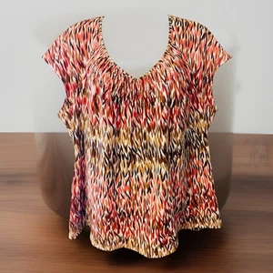 JM Collection Women 1X Red Multi Colored Short Sleeve Blouse XL Top - Picture 1 of 4