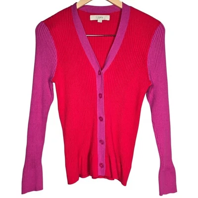 LOFT Women's Red Pink Colorblock Ribbed V Neck Button Front Cardigan Sweater L - Image 1 of 4