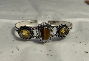 Tiger's Eye & Citrine 925 Silver Natural Gemstone Adjustable Bangle Bracelet - Picture 1 of 6