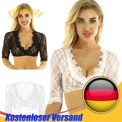 Damen Sexy Spitze Dirndlbluse 3/4 Arm Trachten Bluse Oktoberfest Wrap Crop - Bild 1 von 4