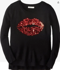$54 AQUA Girls' Sequin Lips Sweater, Acrylic Black/Pink Size L - Picture 1 of 1
