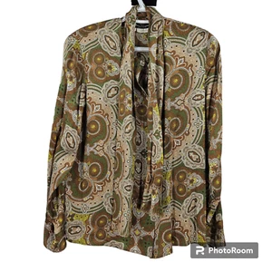 Vintage 70s Salvatore Ferragamo Blouse Brown Green Silk Tie Neck Paisley Size 8 - Picture 1 of 13
