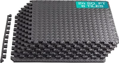 24 Sq Ft Black Foam Interlocking Exercise Gym Floor Mat Protective Tile Flooring - Image 1 of 4