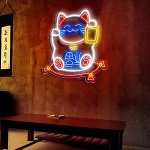 Insegna al neon gatto fortunato Happy Cat Manekineko negozio di interior design arte Kawaii NUOVO - Foto 1 di 1