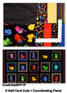 Loralie Designs Cool Cat Fabric Cotton Hard To Find 9 Half-Yard Cuts + 1 Panel - Picture 1 of 2