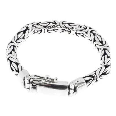 8mm Oval Byzantine Chain Bali Handmade 925 Sterling Silver Bracelet, 7-9.5" - Image 1 of 4