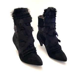 $699~AGL ATTILIO GIUSTI LEOMBRUNI Black Suede Rabbit Fur Kitten Heel Boots 40/ 9 - Picture 1 of 15