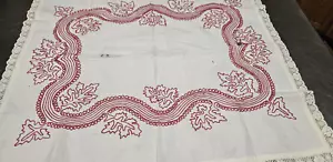 Tovaglia vintage ricamata rossa foglia di rovere - Foto 1 di 4
