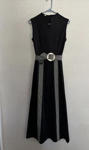 Vintage Alison Ayres 60s 70s Maxi Dress Black White Belted Sleeveless Mod 10 - Picture 1 of 13