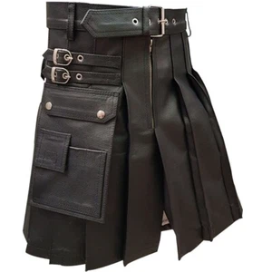 Herren Echtleder Kilt schwarz schottischer Gladiator Allzweck Plissiert Flache Vorderseite LARP - Bild 1 von 4