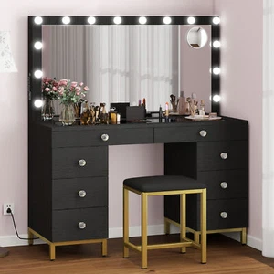 Black Makeup Table Vanity Desk with Mirror Power Outlet and 14 Lights 8 Drawers - Picture 1 of 10