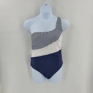 KONA SOL Womens Swimsuit Color Block Blue White Stripe One Shoulder Size XL NEW - Picture 1 of 12