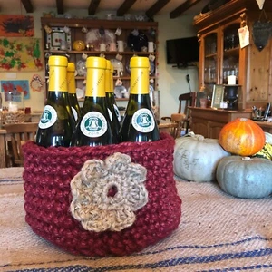 Red Jute Storage Basket Red Pot with Large Flower Motif Chunky Crochet - Picture 1 of 5