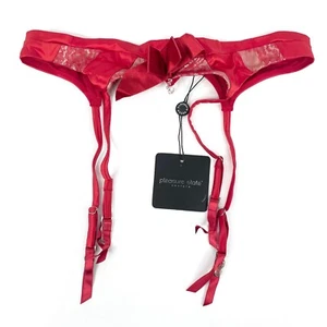 Pleasure State Studio 54 Suspender Size M Cherry Red Satin Lace Trim Crystal New - Picture 1 of 10