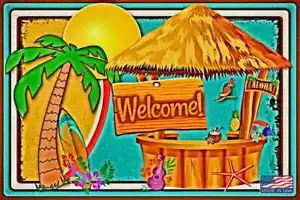 CABANA WELCOME SURF'S UP! 8X12 METALLSCHILD TIKI BAR POOL STRAND WHIRLPOOL ALOHA LUAU - Bild 1 von 1