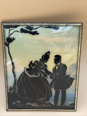 Cuadro vintage de silueta de vidrio convexo pintado al revés pareja victoriana 4"x5" Foto 1 de 3