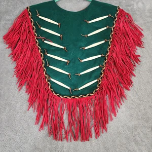 Native American Style Powwow Dance Cape Womens OS Green Red Fringe Bone Vintage - Picture 1 of 7
