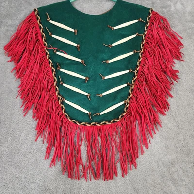 Native American Style Powwow Dance Cape Womens OS Green Red Fringe Bone Vintage - Image 1 of 4