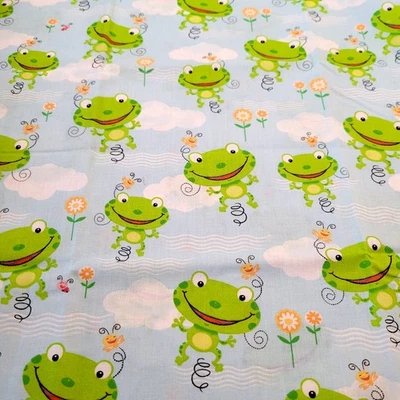 Cotton Fabric Frogs on Blue Clouds Flowers 2 Yards x 44" Sarah Beise  Kidcore - Image 1 of 4