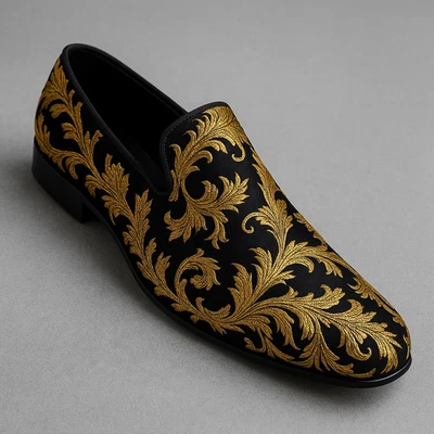 Men’s Black & Gold Baroque Loafers – Size 8.5 | Luxury Embroidered Slip-On Dress - Image 1 of 2