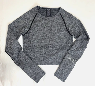 РОЗОВЫЙ активный женщин вересковый серый ворота большого пальца отверстие длинным рукавом укороченный Топ, Sz M - Изображение 1 из 4