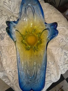 Murano? Elongated Hand Blown Glass Bowl Blue And Yellow 18 Inches By 8 Inches - Picture 1 of 10