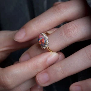 Certificated Australian Black Opal Halo Diamond Engagement Ring 18K Gold - Picture 1 of 8