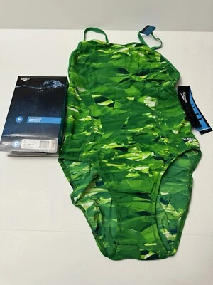 Traje de baño Speedo para mujer Shattered Wave espalda cruzada carreras talla 12/38 verde nuevo Foto 1 de 3