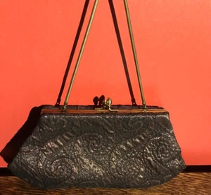 VINTAGE LINED EVENING HANDBAG CLUTCH BAG PURSE WITH CLASP & CHAIN BROWN SHIMMER - Picture 1 of 13