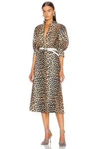 290 $ Ganni Kleid 3,4-Ärmel hoher Kragen Baumwollpopeline | Leopardenmuster | 34, 2 - Bild 1 von 22
