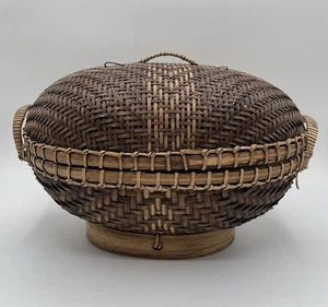 Brown Split Bamboo Asian Hand-Woven Oval Basket W/Lid Handmade Vintage HTF RARE! - Picture 1 of 10