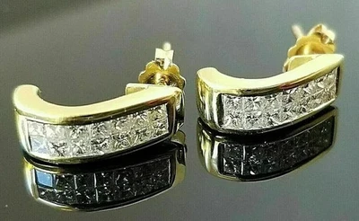 1.8Ct Lab Created Princess Brilliant Diamond Hoop Earrings 14KYellow Gold Plated - Image 1 of 3