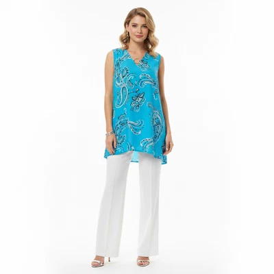 Túnica Dana Buchman Azul Sedosa Talla Grande Escote Cerradura Dobladillo Asimétrico Foto 1 de 4