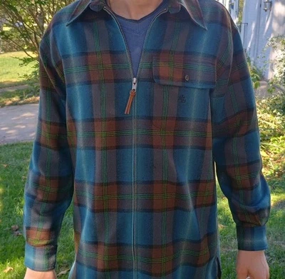 Vtg Ralph Lauren Wool Plaid Blue Brown Suede Elbow Patch Jacket Full Zip Sz M - Image 1 of 4