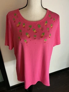 Quacker Factory Pink Short-sleeve Top NWT Pineapples Embroidery Rhinestones Sz L - Picture 1 of 8