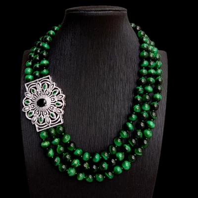 3 Strands Natural Green Tiger Eye Chunky Big Cz Pave PendantNecklace - Image 1 of 4