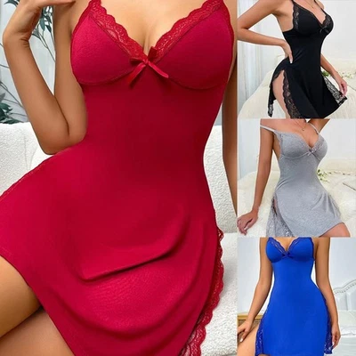 Sensational women modal sleepwear v neck lace thong night dress design - Image 1 of 4