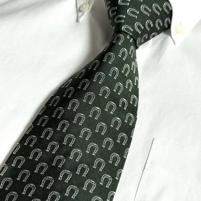 古驰全新未使用领带宽绿色白色马蹄铁 100% 丝绸意大利制造 — 第 1/4 张图片