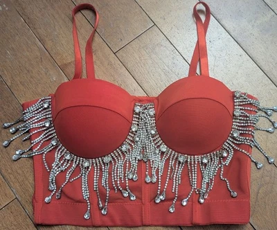 Blusa Bralette Bustier Vintage Papaya Rojo Estrás Talla S Sujetador Pequeño  Foto 1 de 4