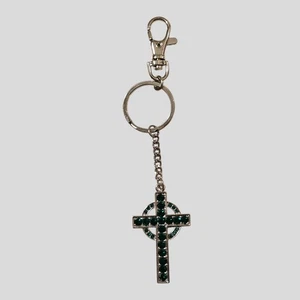 Made in Ireland Celtic Cross Keychain Green Rhinestone lrish Christian Gift - Picture 1 of 4