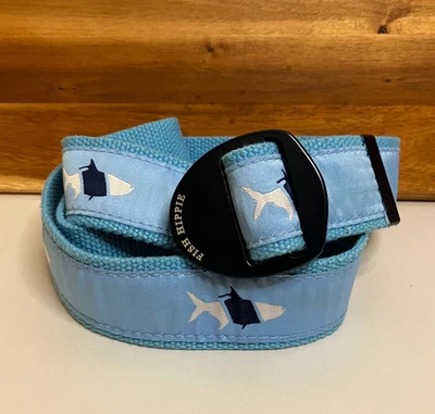 Cinto de lona hippie peixe anel D médio - azul claro costeiro padrão de peixe preppy - Imagem 1 de 4
