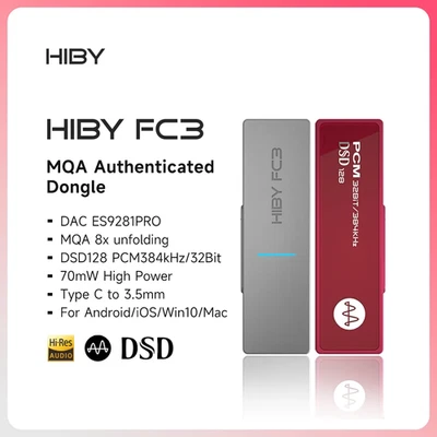 HiBy FC3 Portable USB DAC MQA 8X Dongle Type C Audio Decoder Headphone Amp - Image 1 of 4