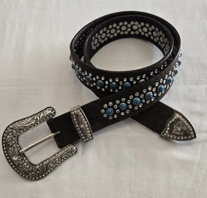 Nocona brauner Ledergürtel türkis Strass Western Cowgirl Glitzer Schnalle Gr. M - Bild 1 von 14