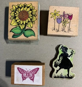 Girasol, mariposa, niña - 4 estampillas de goma vintage - Imagen 1 de 5