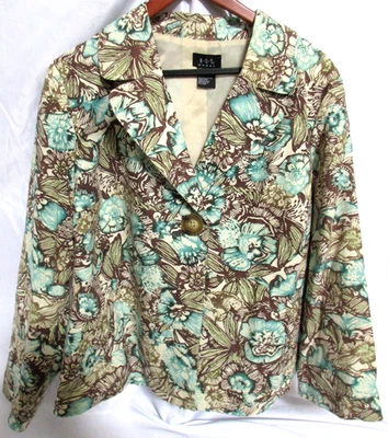 Chaqueta corta con botones forrada de mezcla de lino marrón y verde azulado RQT para mujer talla 1X nueva sin etiquetas Foto 1 de 4